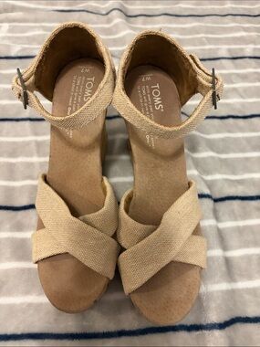 Toms Natural Beige Crisscross Wedge Sandals - Women